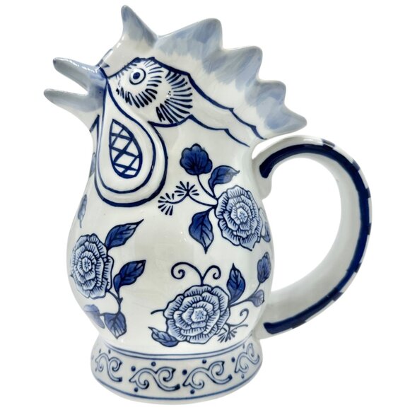 Bella Casa Rooster Pitcher Blue and White Ceramic with Floral Design 8" Tall - Picture 1 of 7